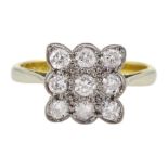 Early-mid 20th century 18ct gold milgrain set diamond square cluster ring