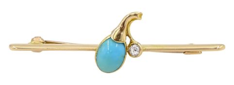 Early 20th century 15ct gold turquoise and old cut diamond flower bud brooch