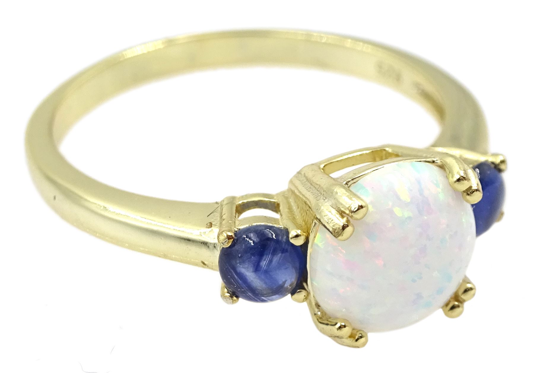 Silver-gilt three stone opal and sapphire ring - Image 3 of 4