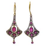 Pair of gold and silver milgrain set ruby and diamond pendant earrings