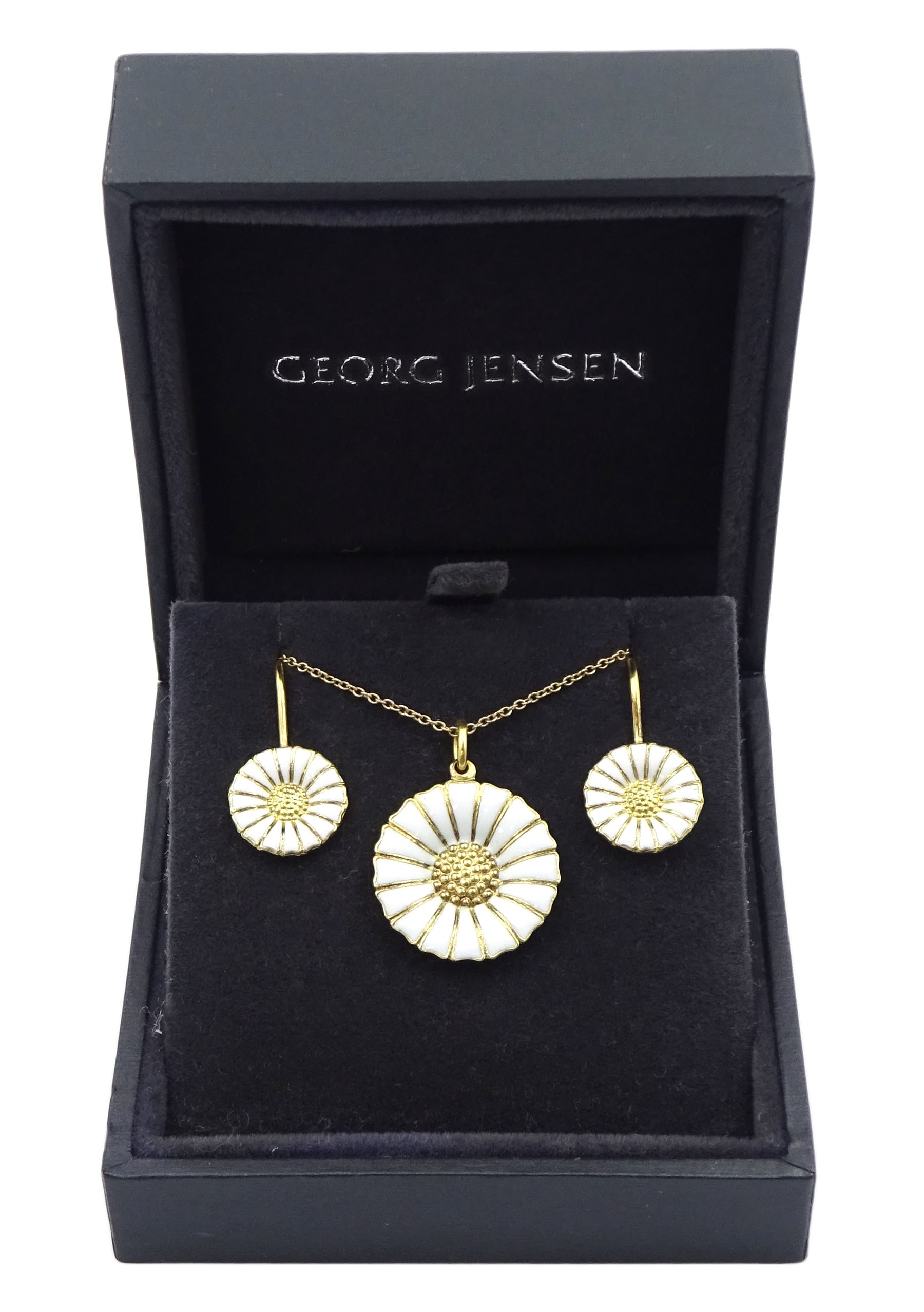 Silver-gilt white enamel daisy pendant necklace and matching pair of pendant earrings by Georg Jense - Image 2 of 7