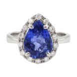 18ct white gold pear cut sapphire and round brilliant cut diamond cluster ring