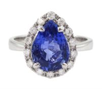 18ct white gold pear cut sapphire and round brilliant cut diamond cluster ring