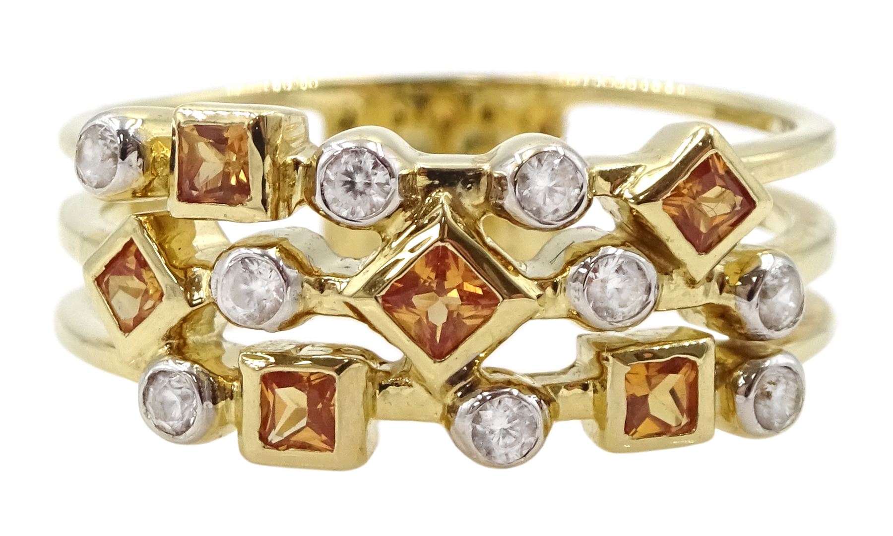 9ct gold square cut orange sapphire and round white zircon three row ring