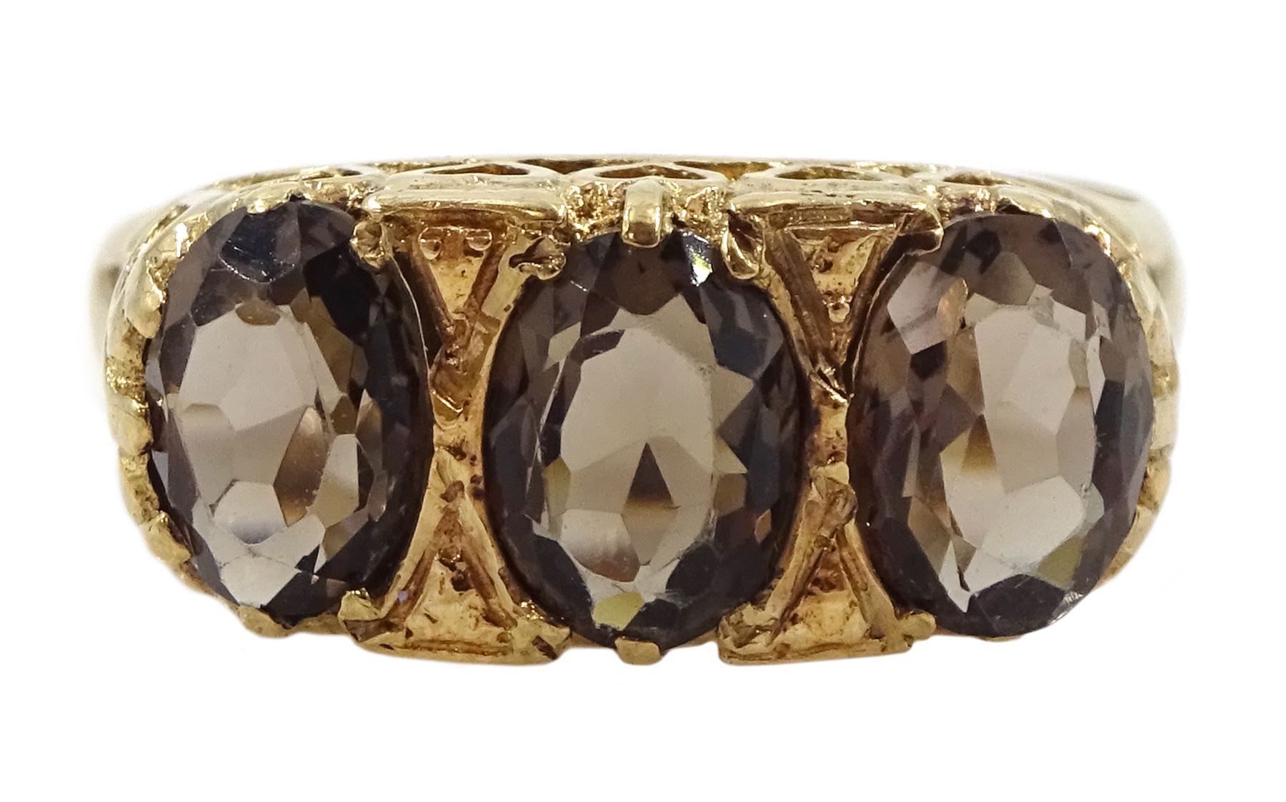 9ct gold three stone oval smoky quartz ring