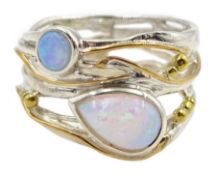 Silver and 14ct gold wire two stone opal ring