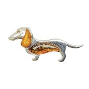 Silver amber dachshund brooch