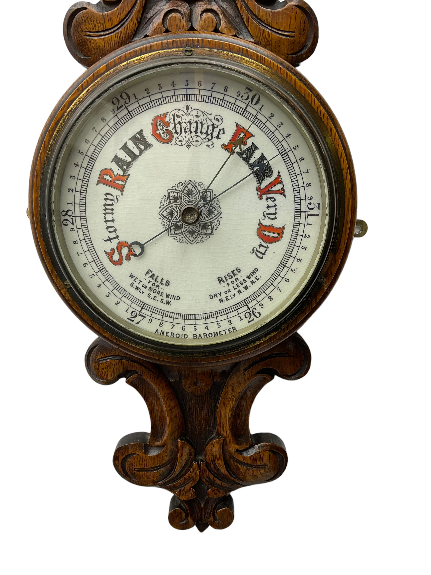 English - Edwardian aneroid barometer in a carved scroll work oak case - Image 2 of 4