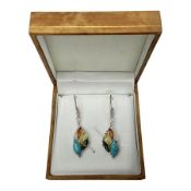 Pair of silver turquoise and tri-coloured Baltic amber pendant earrings