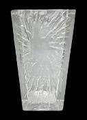 Daum clear crystal glass vase of square sleeve form decorated with stylised sunburst motif