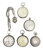 Five Victorian and early 20th century silver lever pocket watches including keyless half hunter