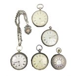 Five Victorian and early 20th century silver lever pocket watches including keyless half hunter