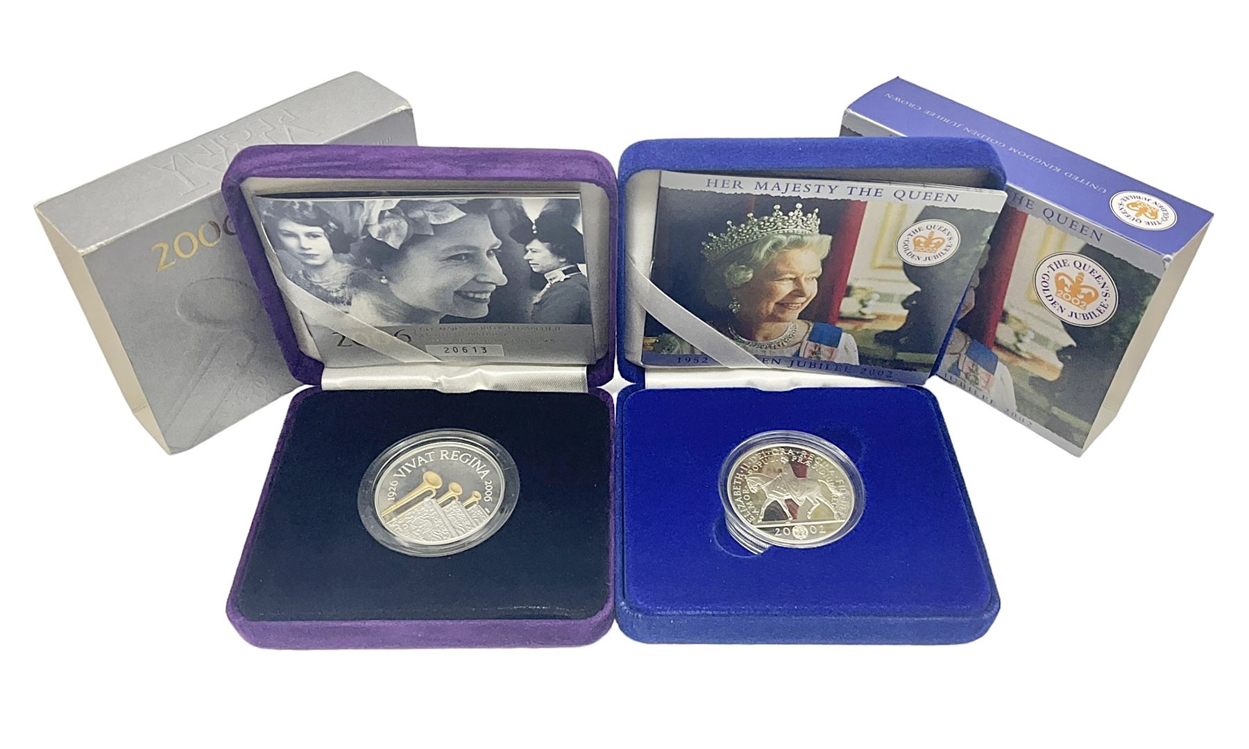 The Royal Mint United Kingdom 2002 'Golden Jubilee' silver proof crown and 2006 'Her Majesty Queen E