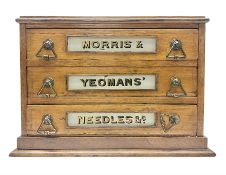 Victorian oak three drawer tabletop haberdashery chest advertising Morris Yeomans' Needles and Co