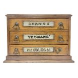 Victorian oak three drawer tabletop haberdashery chest advertising Morris Yeomans' Needles and Co