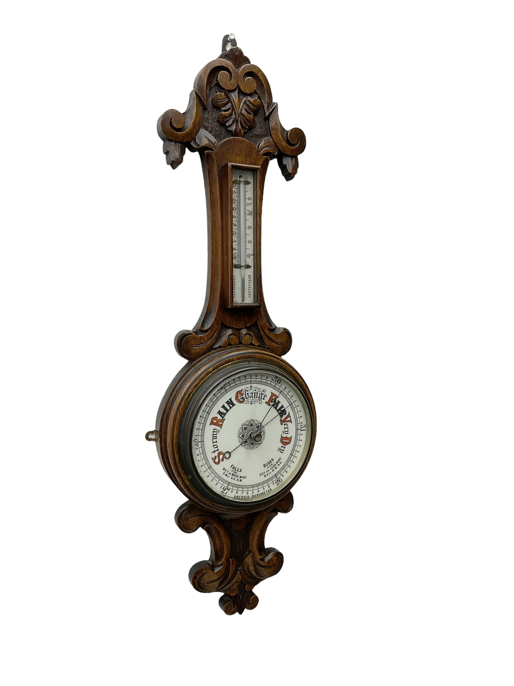 English - Edwardian aneroid barometer in a carved scroll work oak case - Image 3 of 4