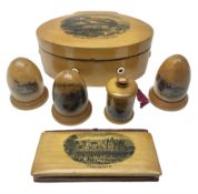 Six sewing related Mauchline ware comprising an oval reel box with internal label for Clark & Co's