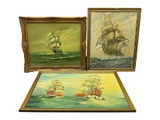 Three mid 20th century oil paintings of masted ships at sea