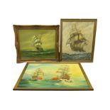 Three mid 20th century oil paintings of masted ships at sea