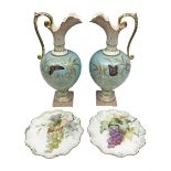 Pair rubian art pottery jugs and pair painted Doulton plates