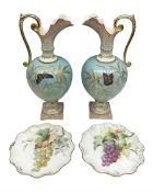 Pair rubian art pottery jugs and pair painted Doulton plates