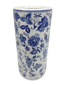 Blue and white umbrella/stick stand decorated with a floral pattern