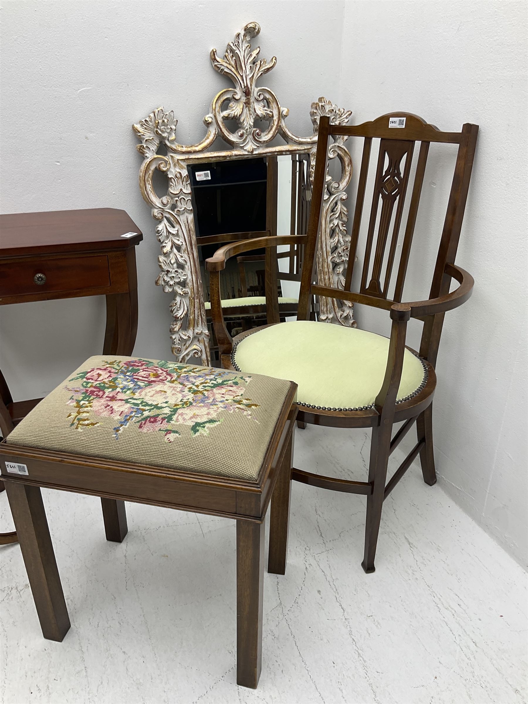 Edwardian inlaid mahogany armchair with oval seat; wine table; Rococo design white and gilt framed m - Image 3 of 5