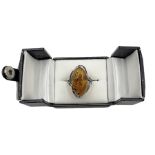 Silver Baltic amber ring with leaf design gallery