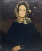 T Lang (Early 19th century): Portrait of a Lady with a Lace Bonnet and Collar