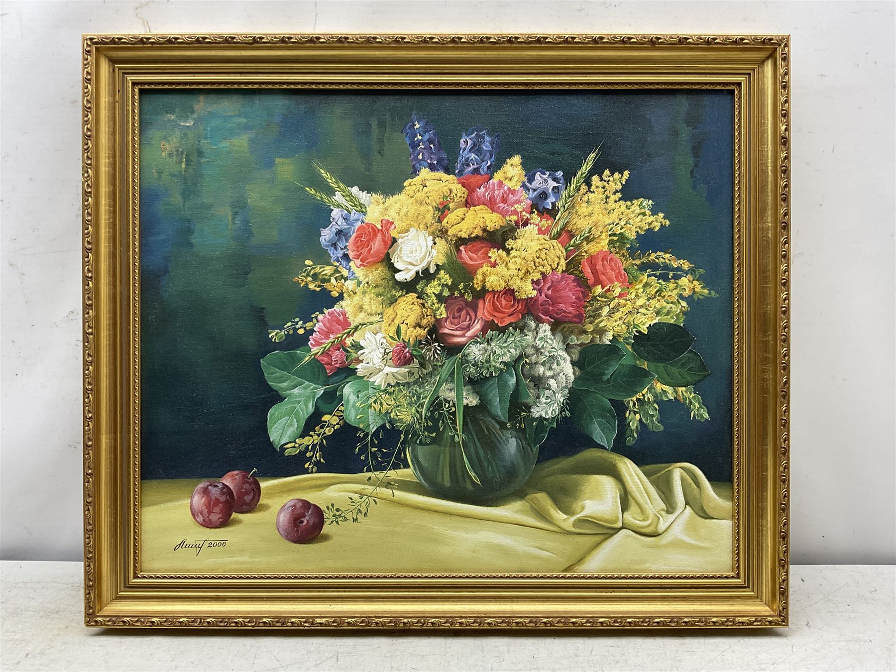 Gregori (Lysechko) Lyssetchko (Russian 1939-): Still Life of Flowers in a Vase with Plums - Image 2 of 4