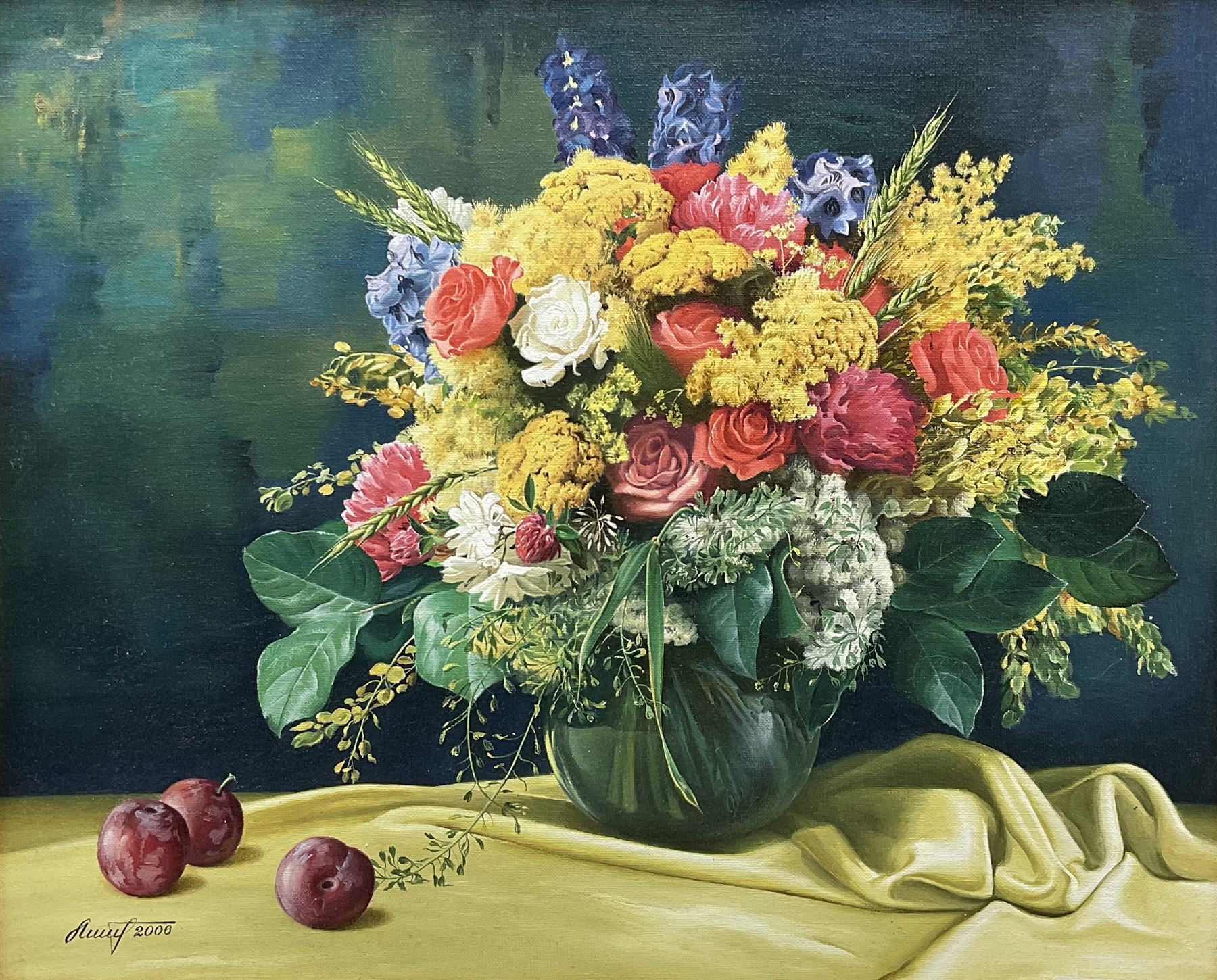 Gregori (Lysechko) Lyssetchko (Russian 1939-): Still Life of Flowers in a Vase with Plums