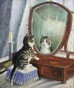 Graham Flight (20th century): Cat at the Dressing Mirror