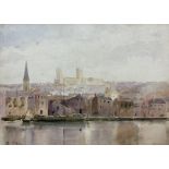 Frank Rousse (British fl.1897-1917): Lincoln Cathedral from Brayford Pool