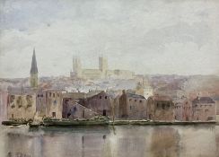 Frank Rousse (British fl.1897-1917): Lincoln Cathedral from Brayford Pool