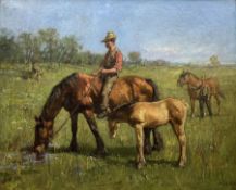 Allan (British 20th century): Horses and Riders Grazing in the Field