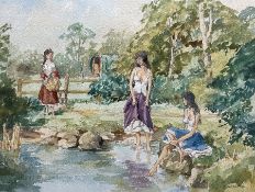 Barry Claughton (British 20th century): Ladies at the Pond