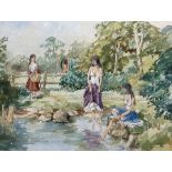 Barry Claughton (British 20th century): Ladies at the Pond