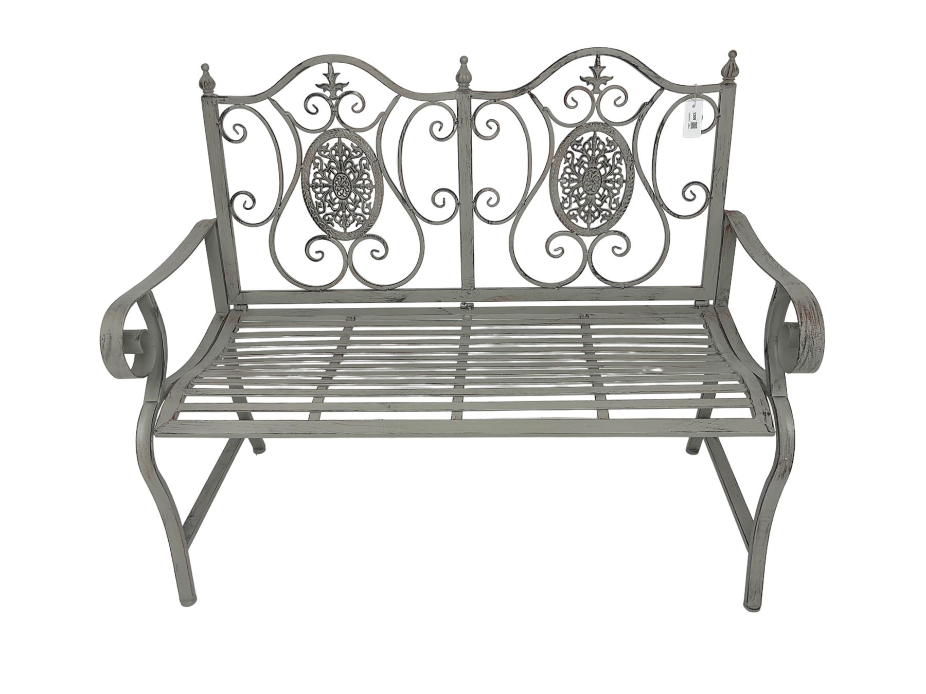 Regency design grey finish wrought metal two-seat bench - Image 2 of 7