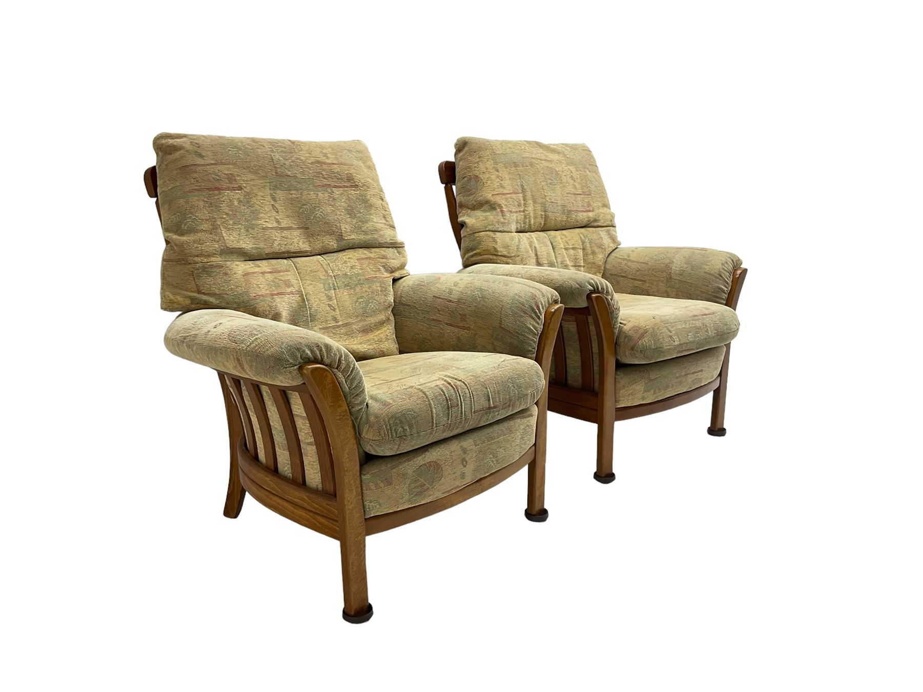 Mid-20th century beech framed three seat sofa (W1180cm) and pair of matching armchairs (W95cm) uphol - Image 11 of 15