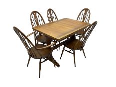 Ercol - elm and beech 'draw-leaf' extending dining table (W114cm D79cm H75cm); and Ercol - set five