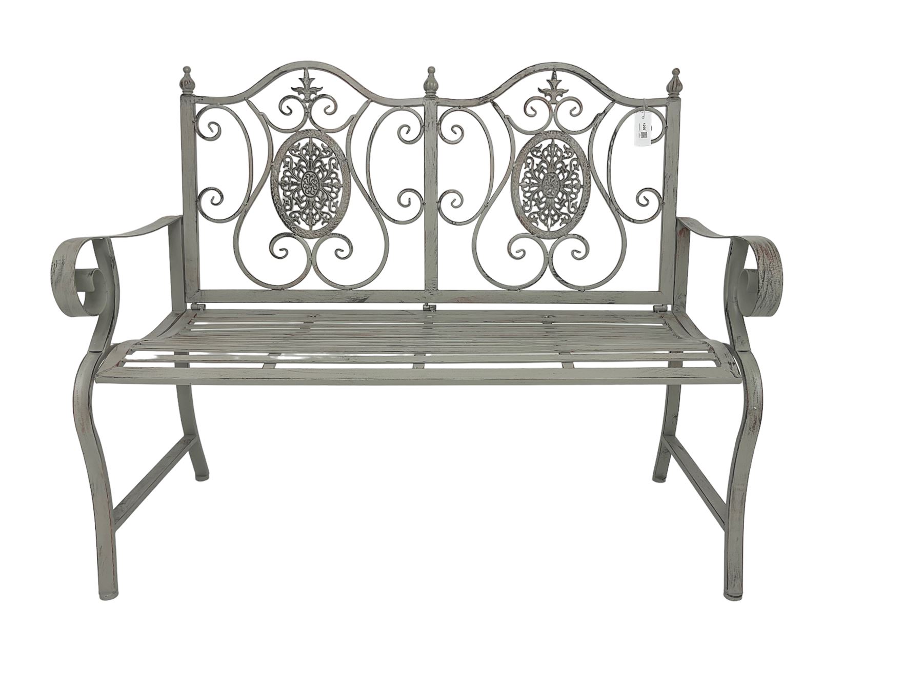 Regency design grey finish wrought metal two-seat bench