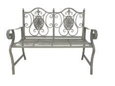 Regency design grey finish wrought metal two-seat bench