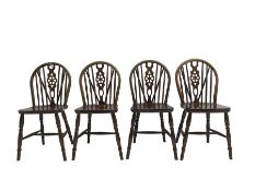 Set four oak wheel-back dining chairs