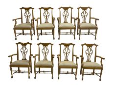 Set eight light oak Chippendale design carver dining chairs