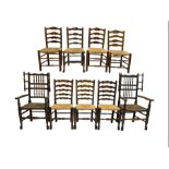 Harlequin set of nine country elm and beech chairs - pair 19th century spindle back carver armchairs
