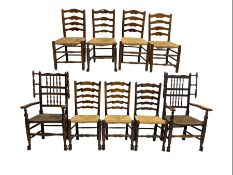 Harlequin set of nine country elm and beech chairs - pair 19th century spindle back carver armchairs