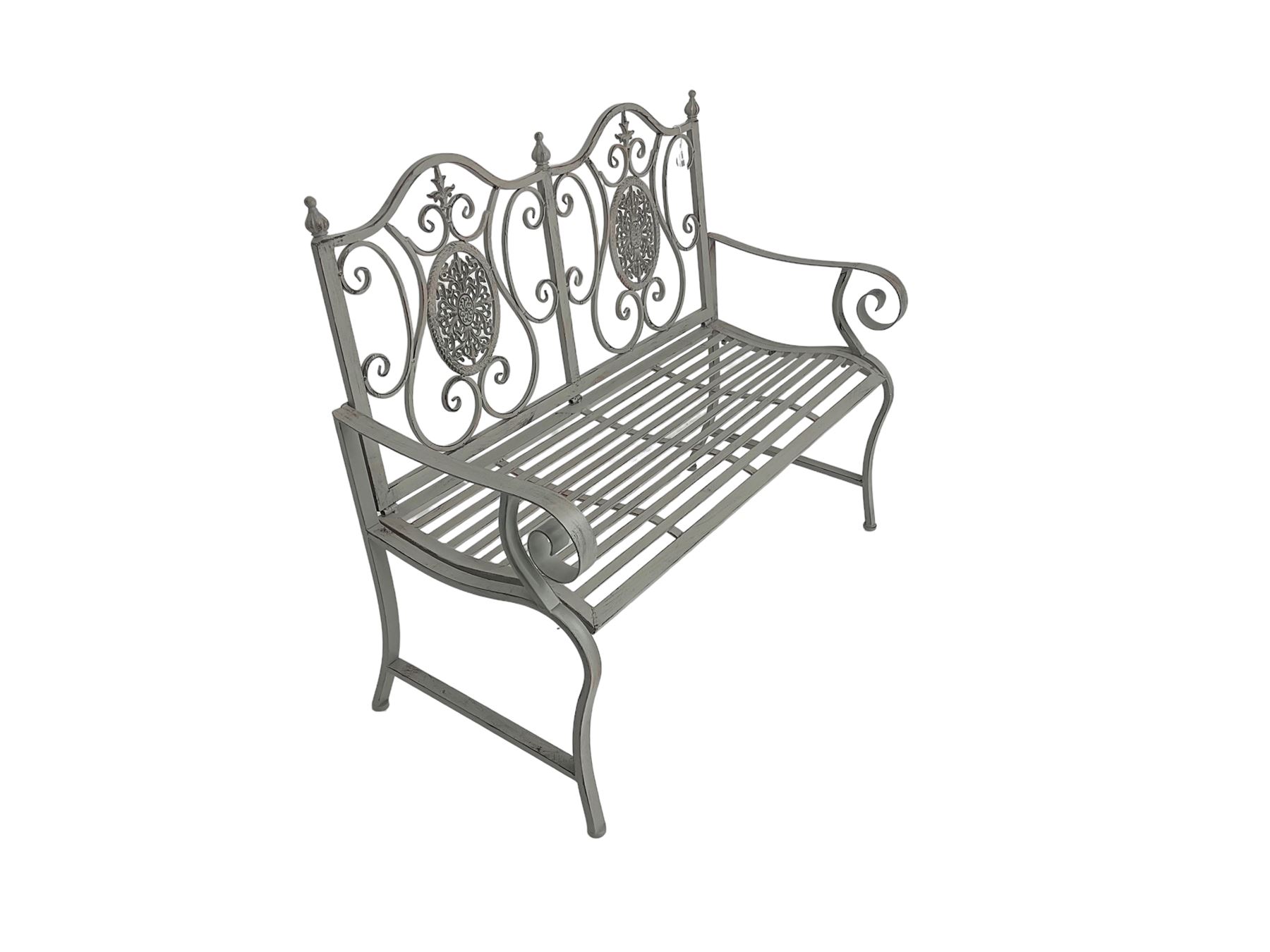 Regency design grey finish wrought metal two-seat bench - Image 7 of 7