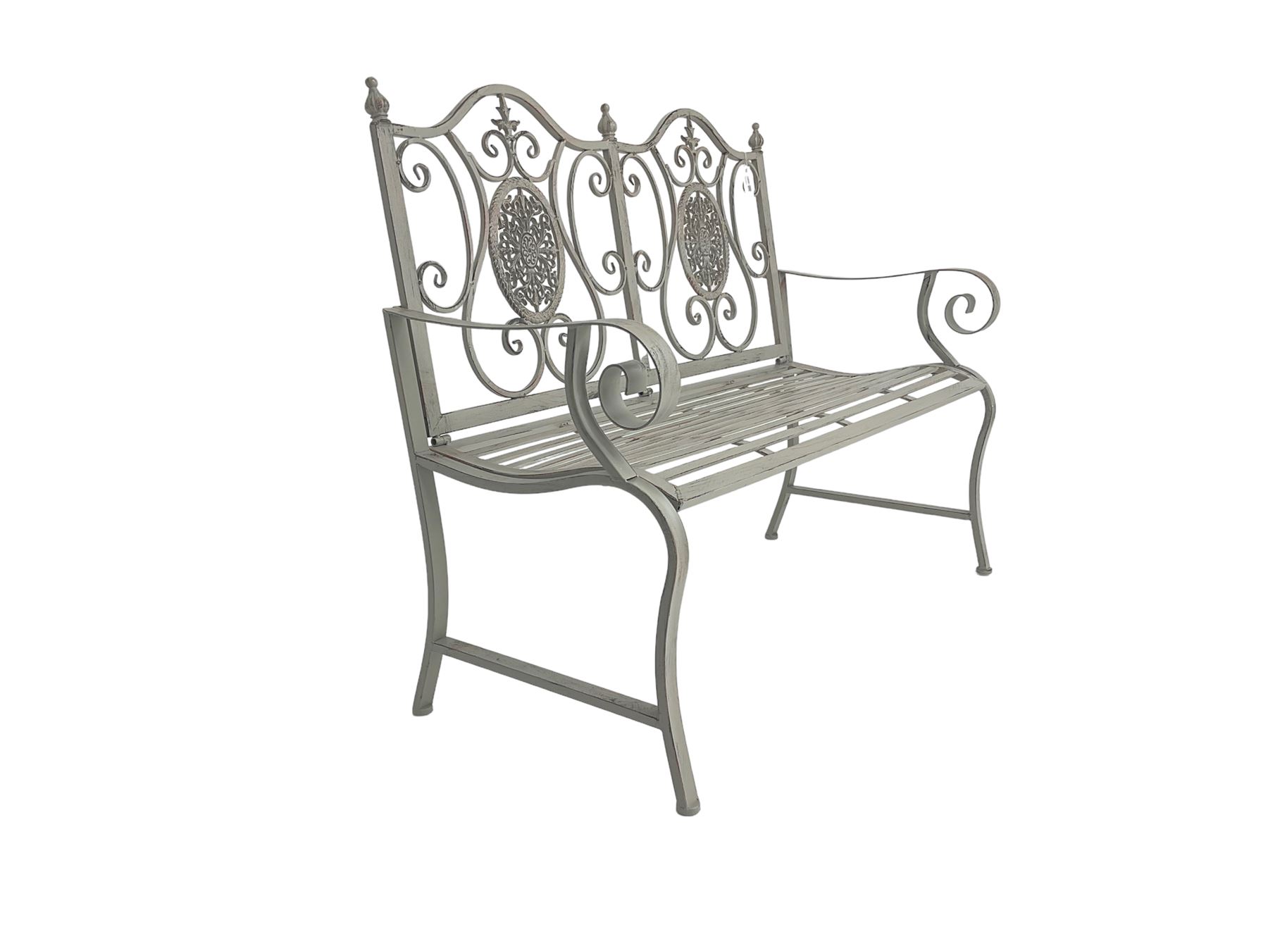 Regency design grey finish wrought metal two-seat bench - Image 4 of 7