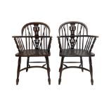 Pair late 20th century oak Windsor elbow chairs