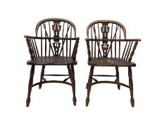 Pair late 20th century oak Windsor elbow chairs